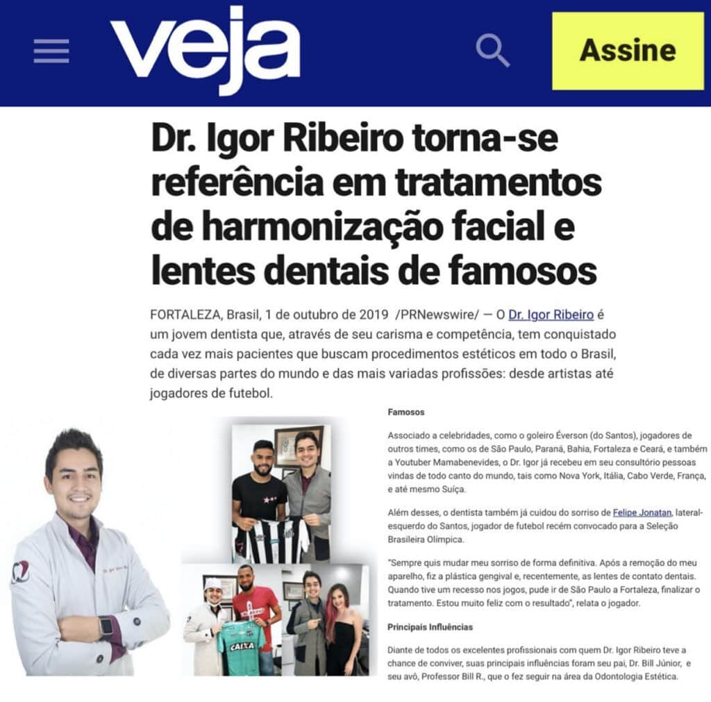 Dr. Igor Ribeiro destaque na revista VEJA — harmonização facial e lentes dentais em Fortaleza